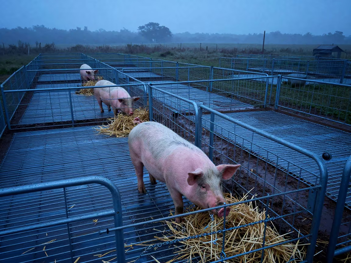Mozambique Pig Nursery Pen Twilight Monsoon Fog in beside a pasture gate in Mozambique