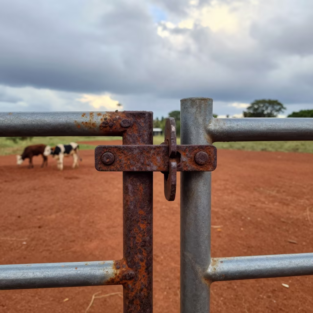 Mozambique Stock Trailer Latch Pin in Late Afternoon in beside a pasture gate in Mozambique