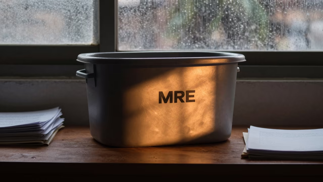 MRE Heater Sleeve Bin on Manila Desk at Sunset in on a writing desk in Manila