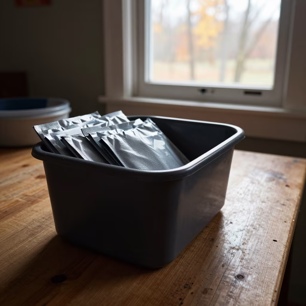 MRE Heater Sleeve Bin on Wooden Workbench in on a wooden workbench in Astana