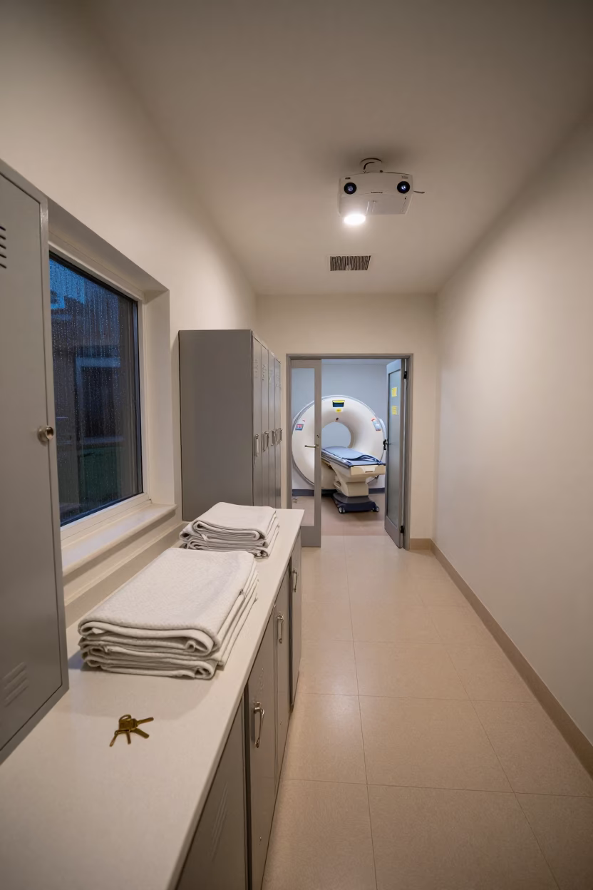 MRI Prep Alcove Night Rain Banos Hospital in inside a radiology imaging room in Banos