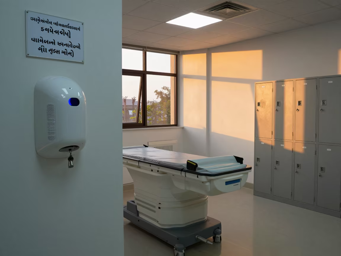 MRI Prep Alcove Sunset Window Light Ahmedabad in inside a hospital imaging bay in Ahmedabad