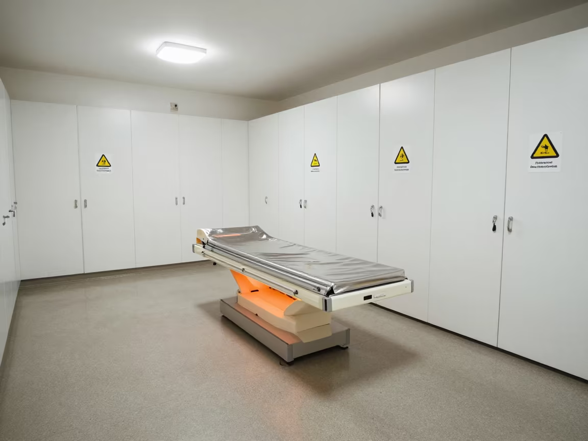 MRI Prep Alcove with Warning Signs and Warmers in inside a hospital imaging bay near Gaborone