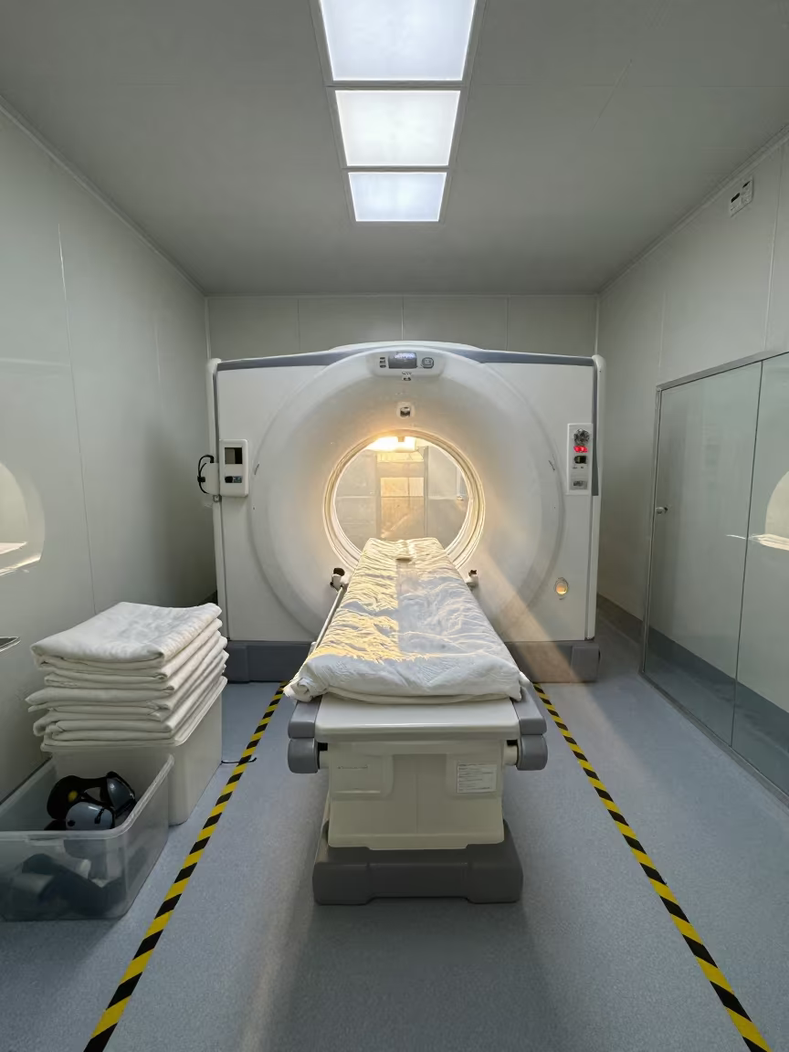 MRI Suite Dawn with Warning Line and Blankets in inside an imaging control area behind glass near Victoria