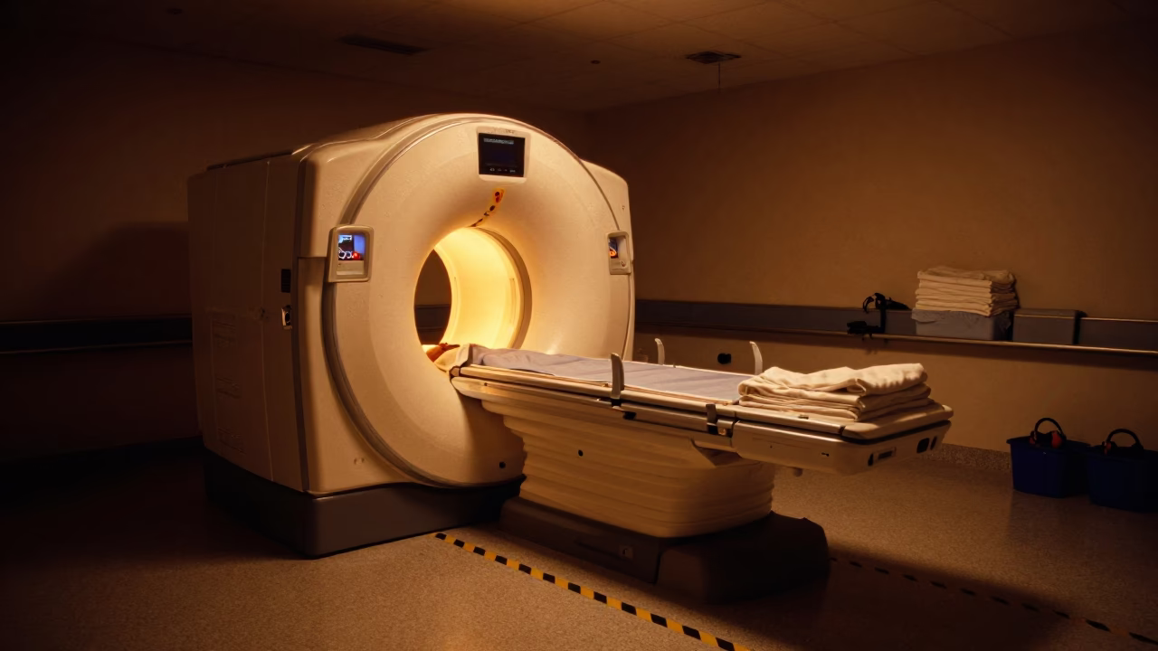 MRI Suite Night Firelight Monsoon Accra in inside a hospital imaging bay near Labadi, Accra