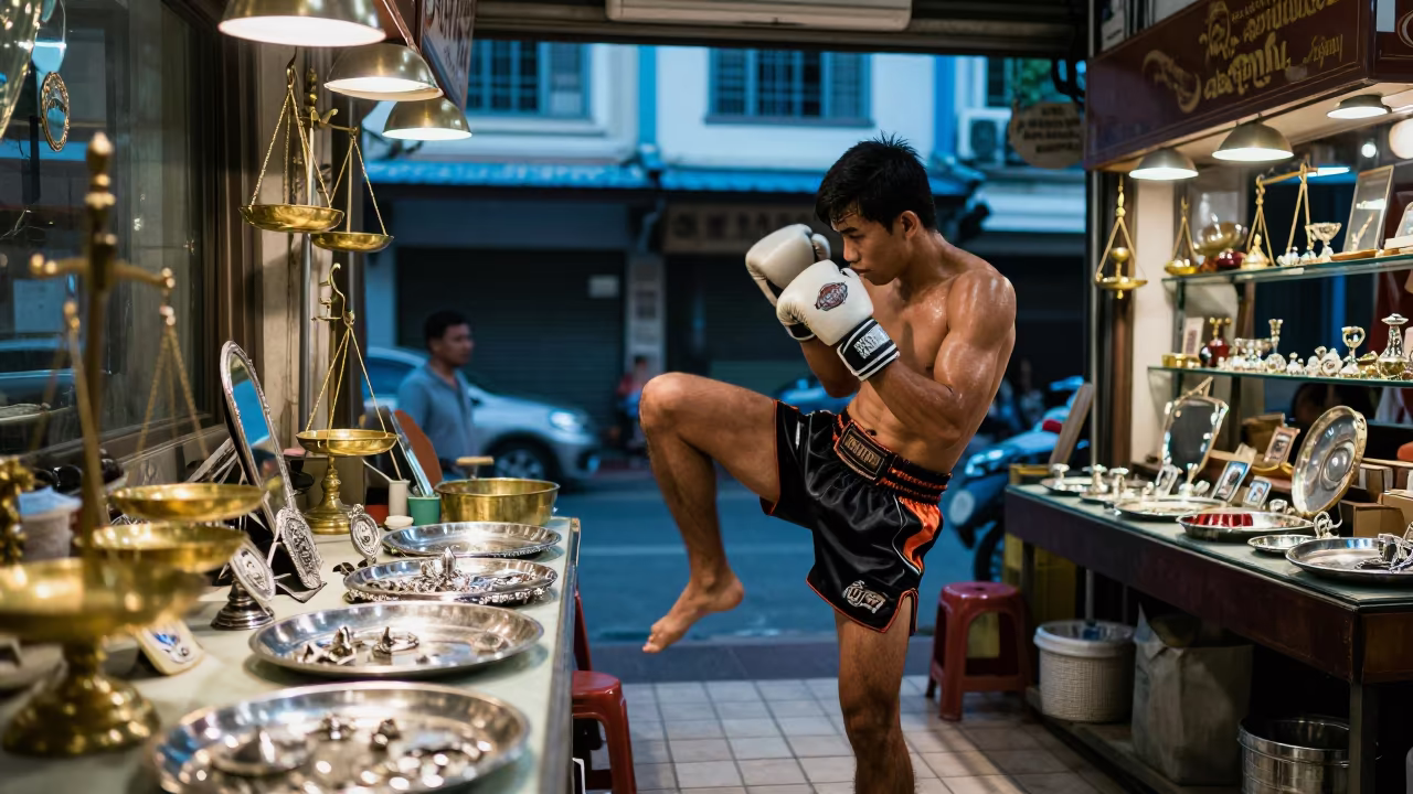 Muay Thai Fighter Knee Strike in Bangkok Jewelry Stall in inside a jeweler's stall with brass scales and trays in Rattanakosin, Bangkok