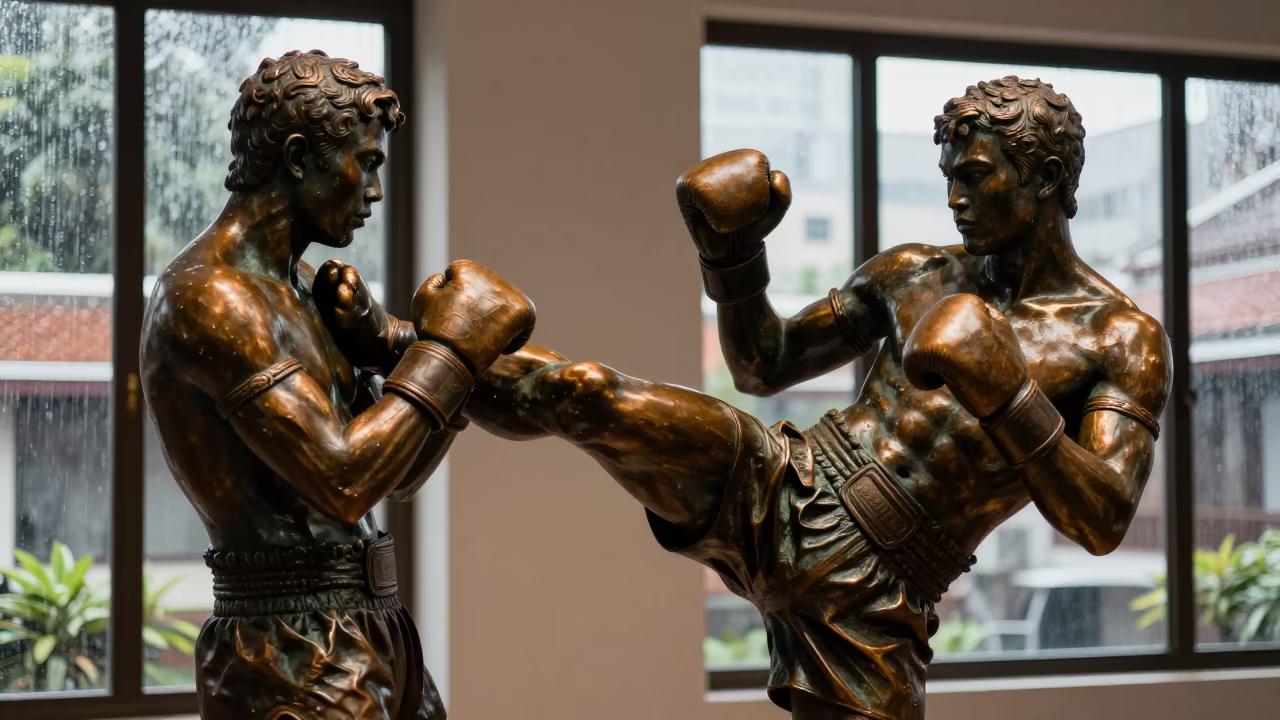 Muay Thai Fighter Shin Check Detail in on a museum plinth in Bang Rak, Bangkok