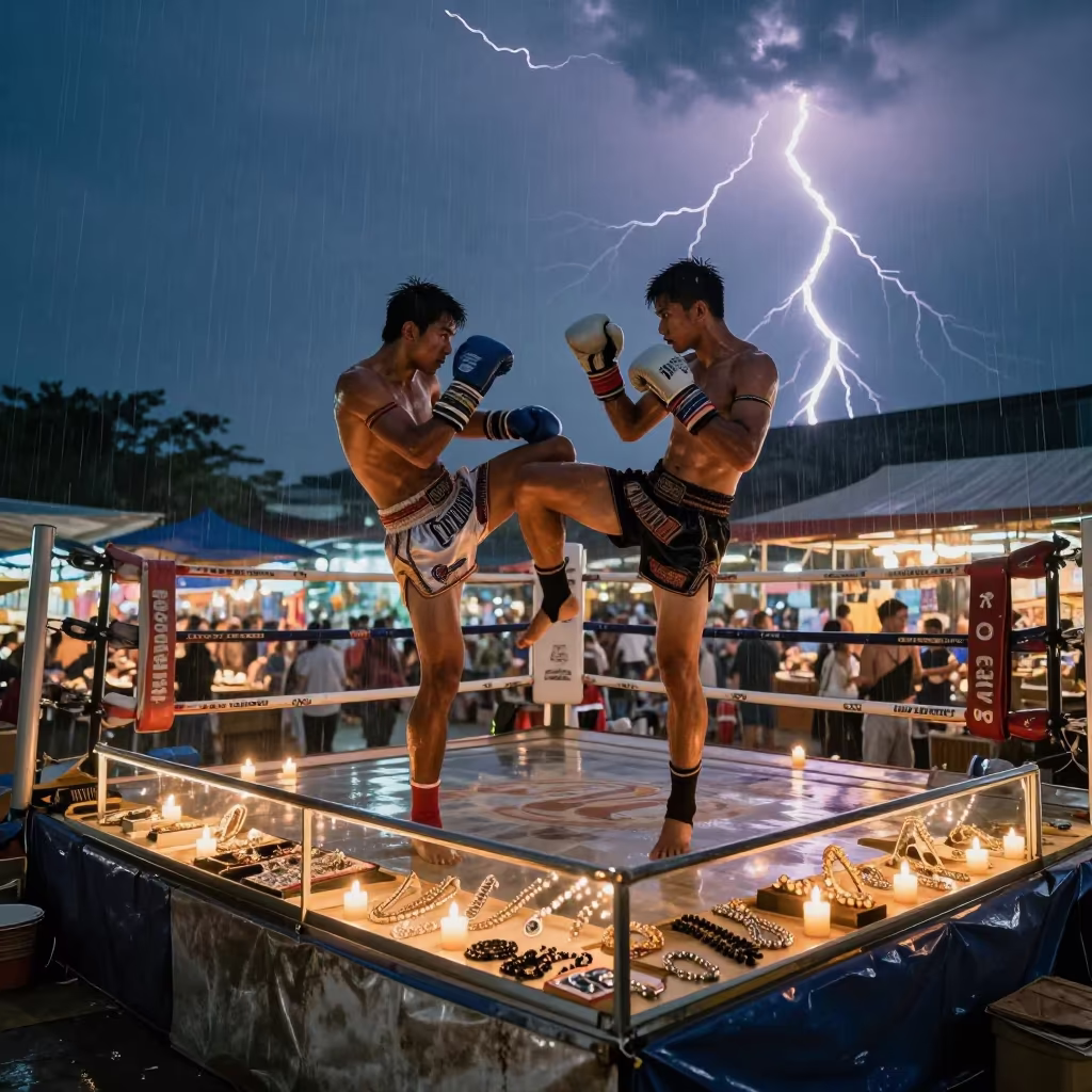 Muay Thai Knee Strike Bazaar Twilight in at a jewelry counter inside a covered bazaar in Phuket