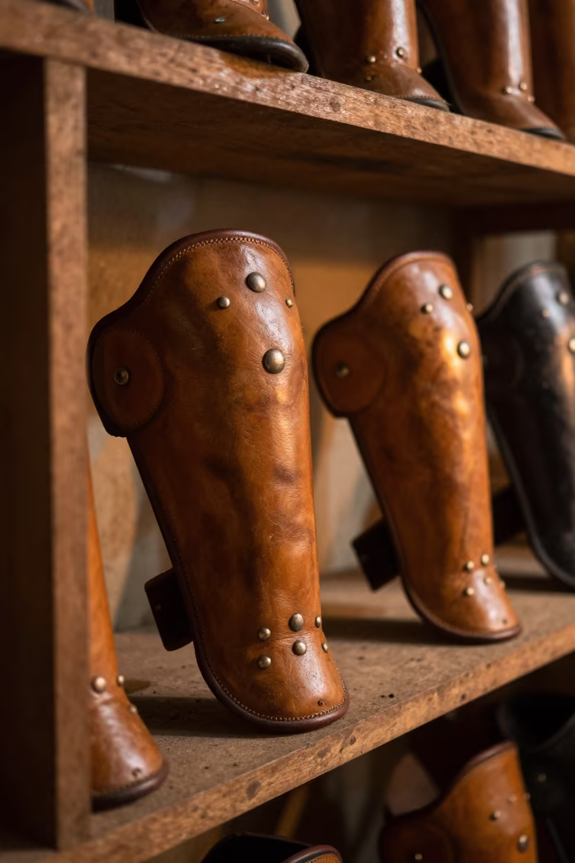 Muay Thai Fighter Shin Guard on Workshop Shelf in on a workshop shelf near Bangkok