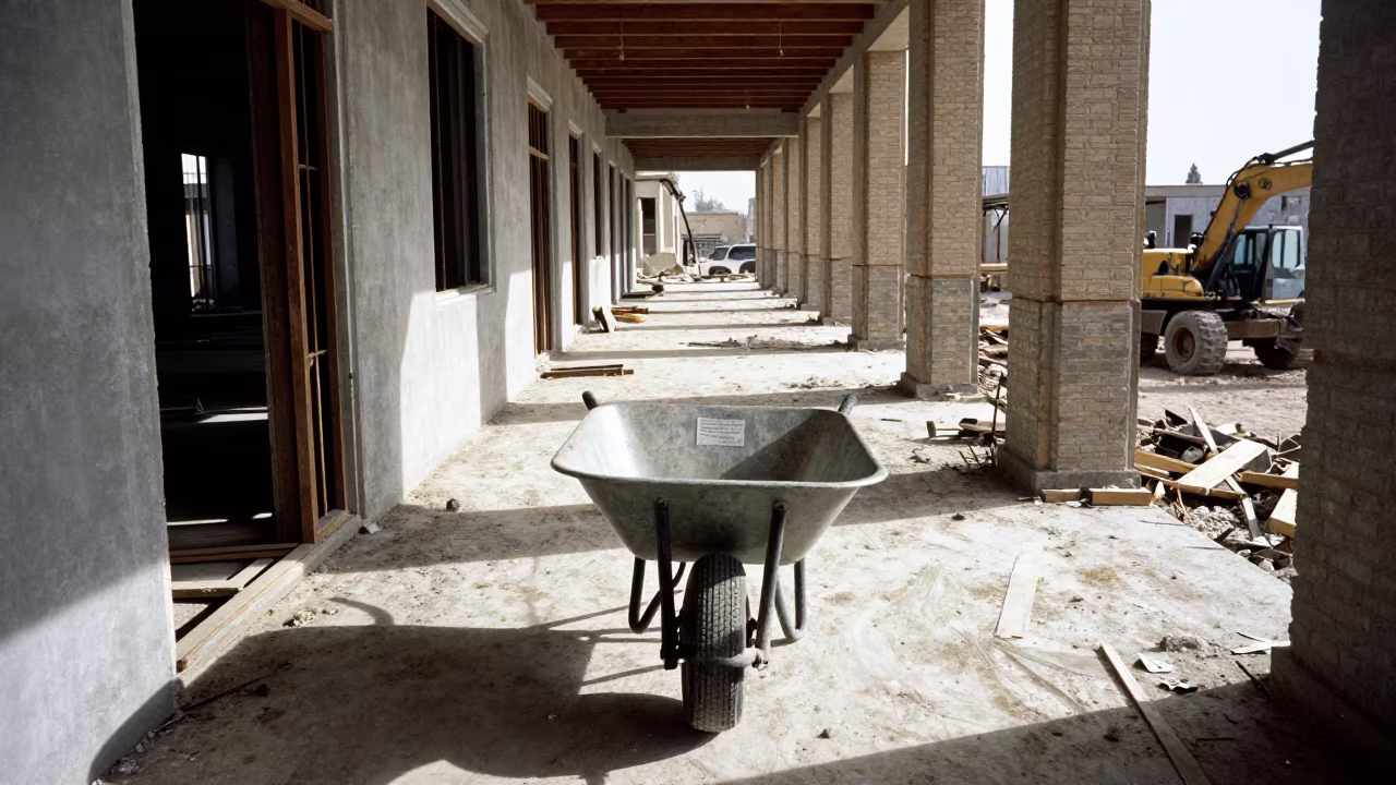 Muck-out Wheelbarrow in Afghan Corridor Before Renovation in inside an unfinished corridor in Mazar-i-Sharif