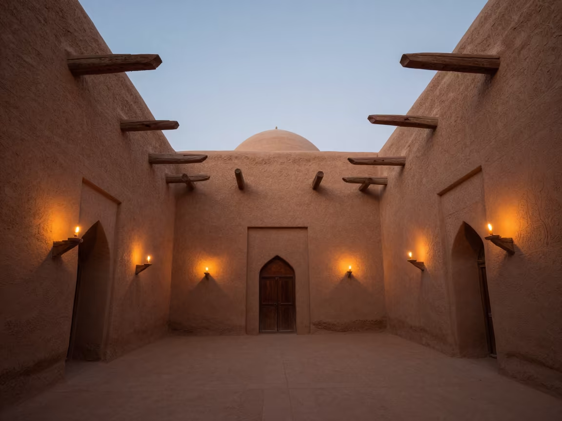 Mud Brick Mosque Interior Amman Late Afternoon in inside a candlelit nave in Amman