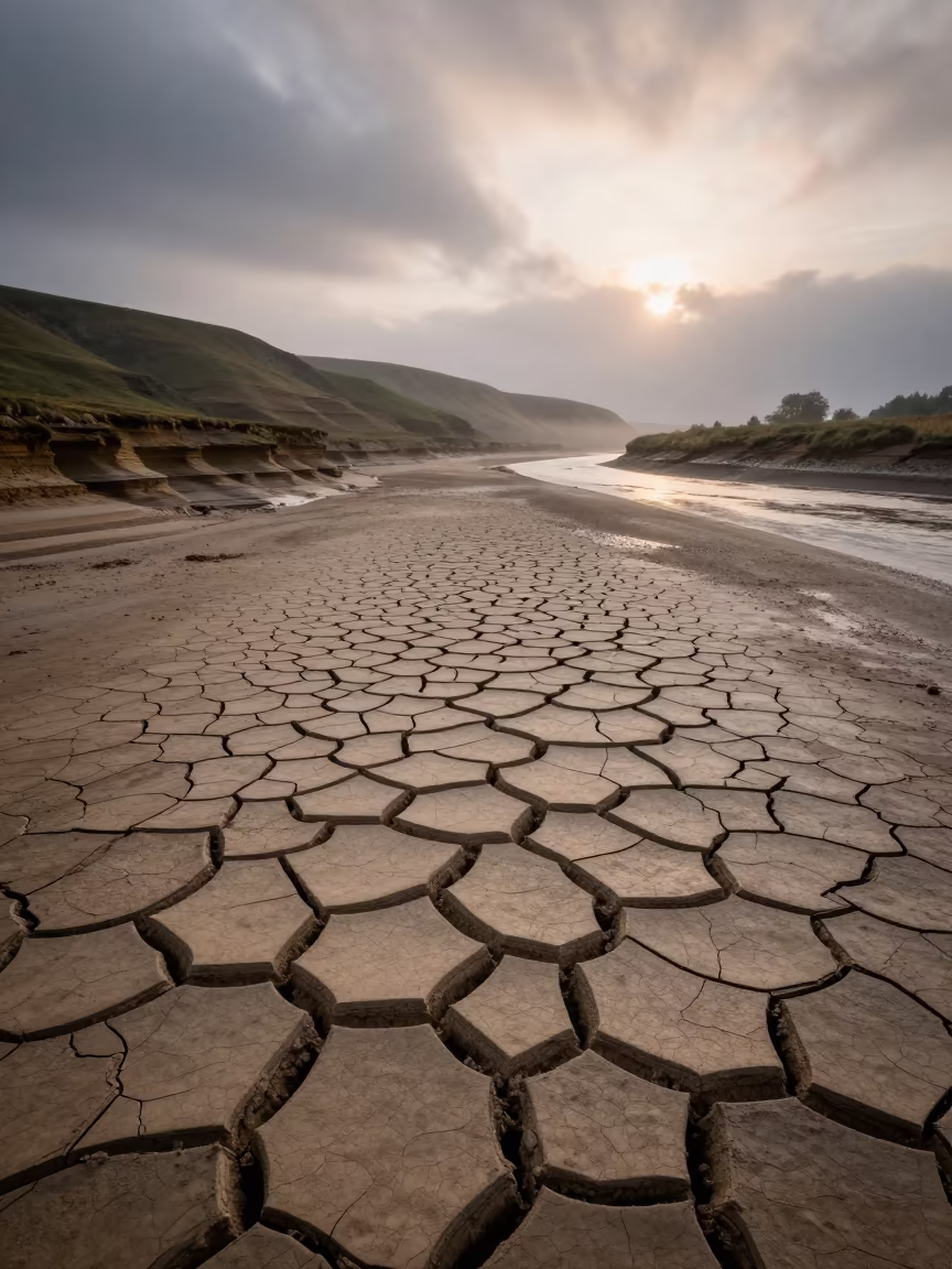 Mud Cracks Riverbed Cotswolds Dawn Mist in from a ridge above layered foothills in the Cotswolds