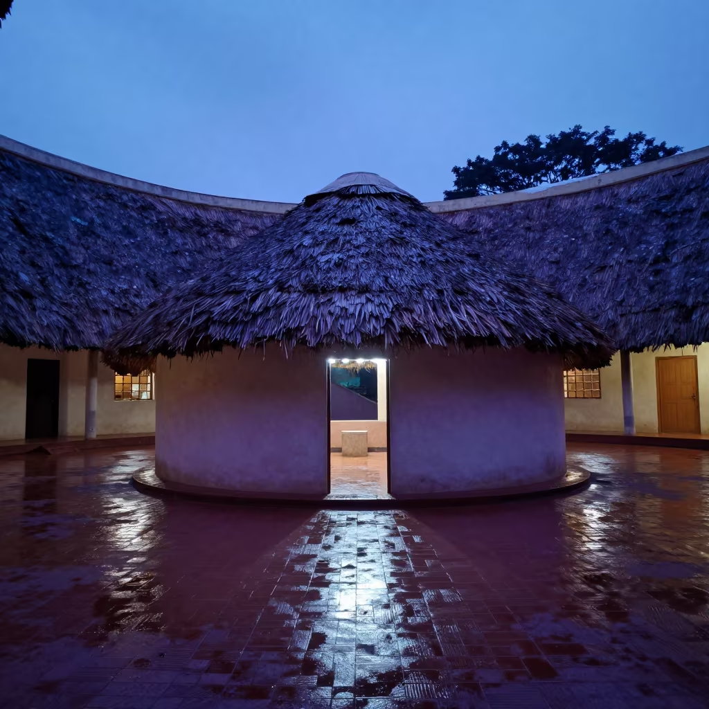 Mud Hut Atrium Neon Dawn Symmetry in inside a vaulted atrium in Ruhengeri