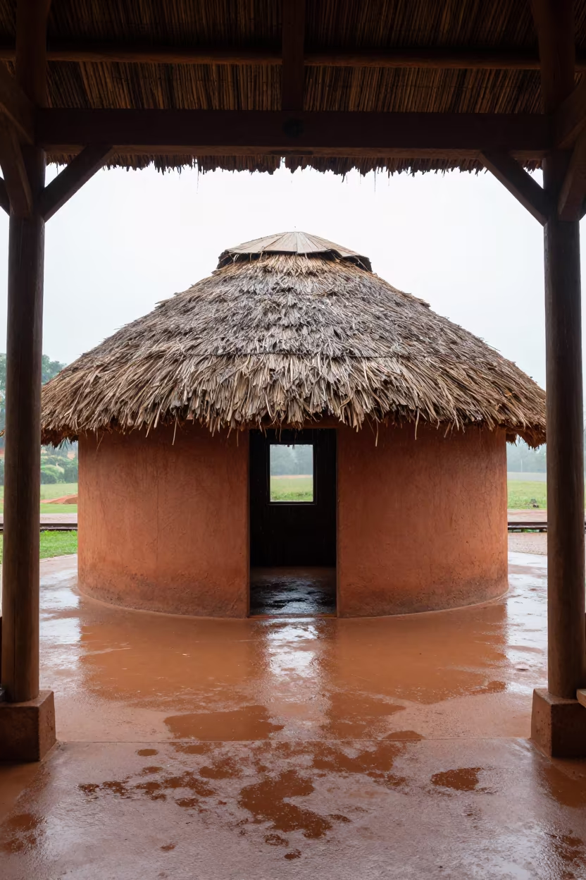 Mud Hut Display Inside Freetown Train Terminal in inside a restored train terminal in Freetown