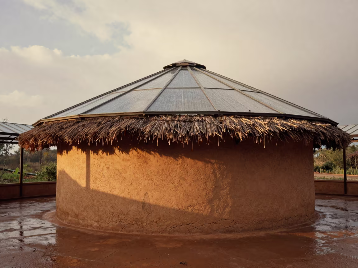 Mud Hut with Thatched Roof in Glass Arcade in inside a glass-roofed arcade near Valera