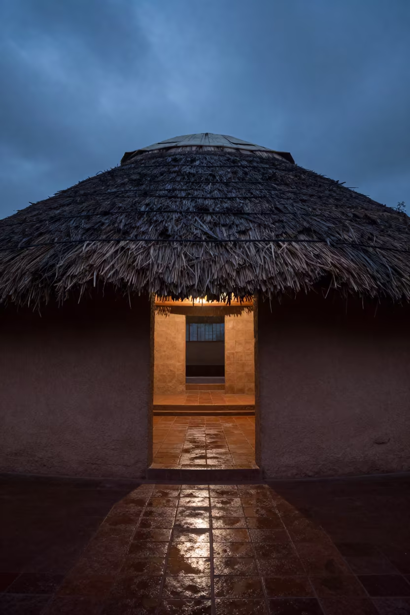 Mud Hut in Tiled Stair Hall Evening Shadow in inside a tiled stair hall near Guadalajara