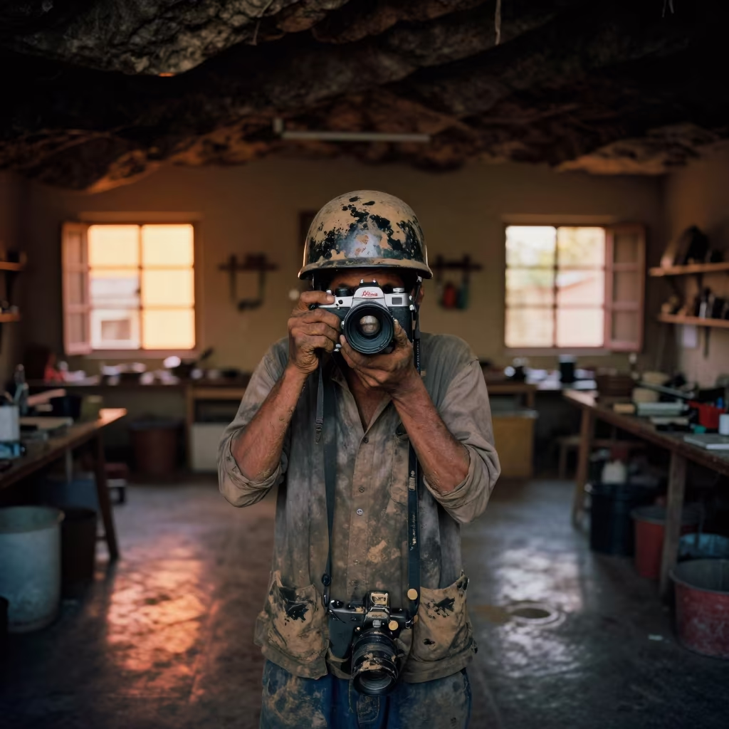 Mud-Smeared Helmet in Copper Light Atelier in inside a textile atelier in Solapur