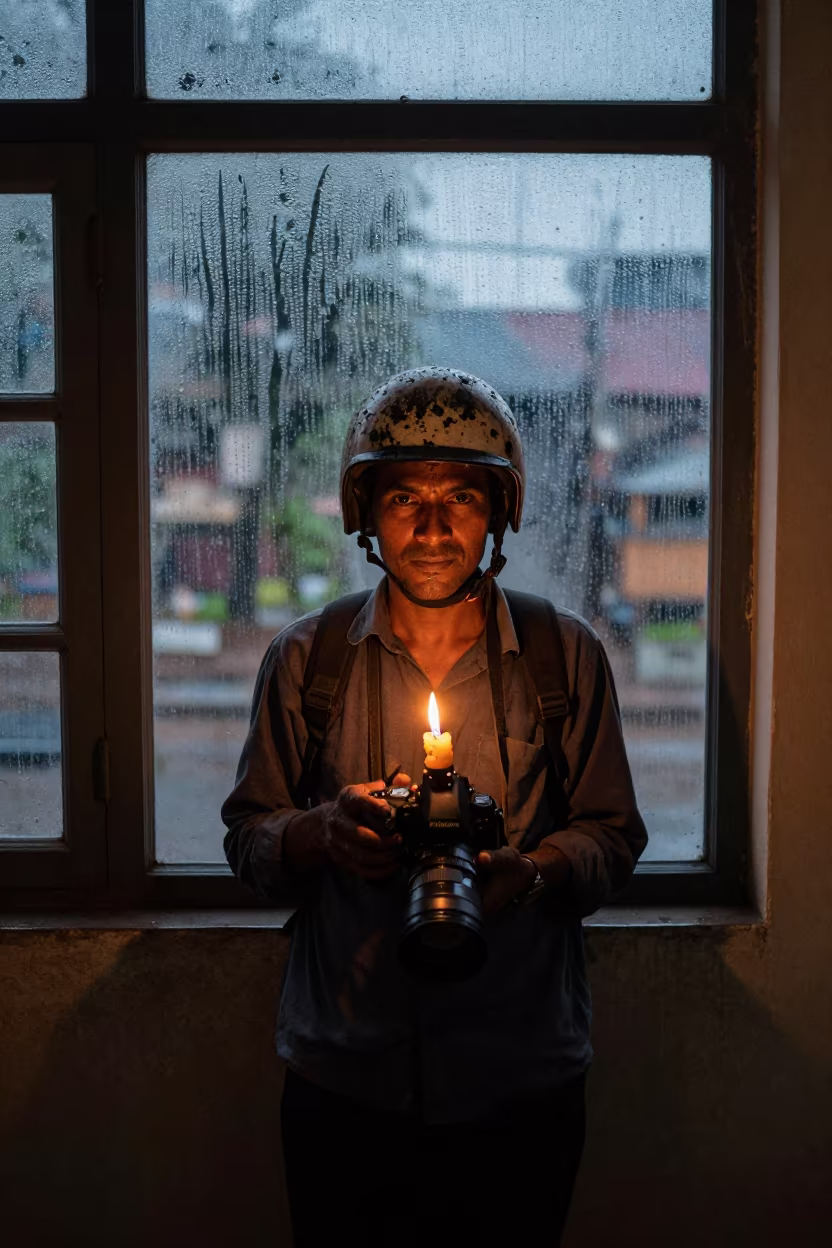 Mud Streaked Helmet Portrait in Chittagong Window in beside a curtain-diffused window in Chittagong