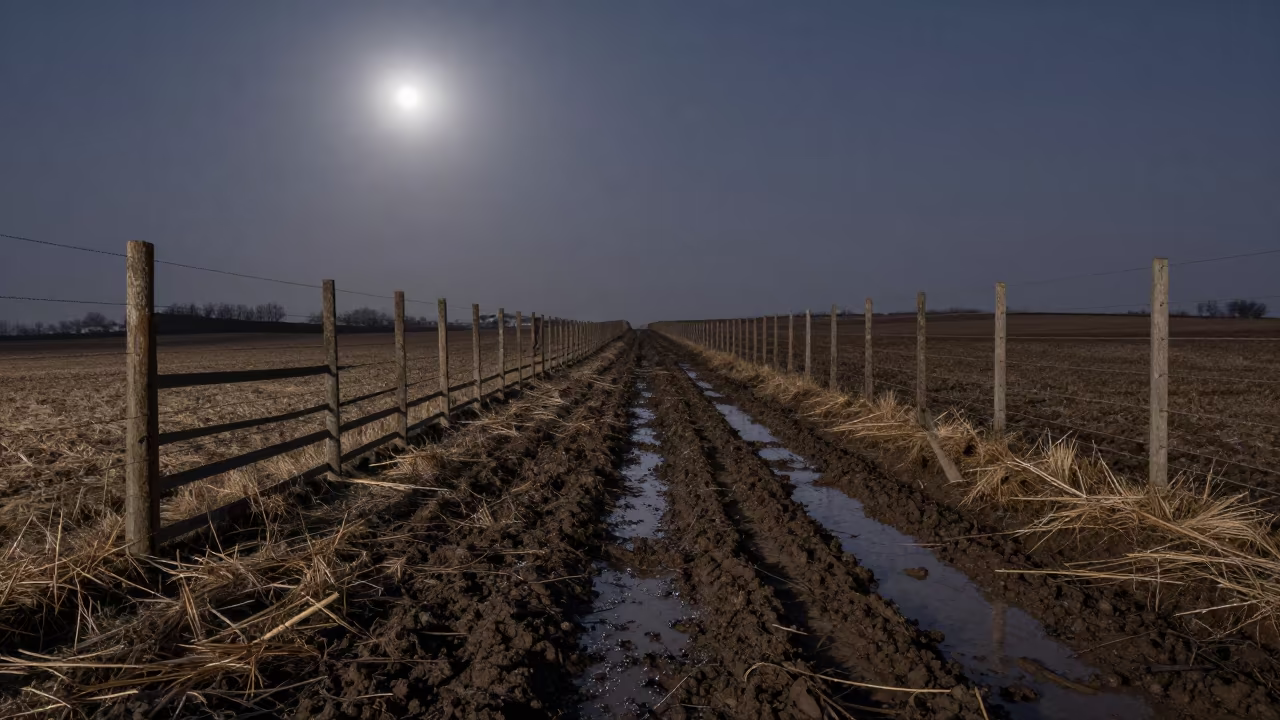Muddy Boot Prints on Sow Card Rail at Night in along a muddy paddock fence in Lombardy
