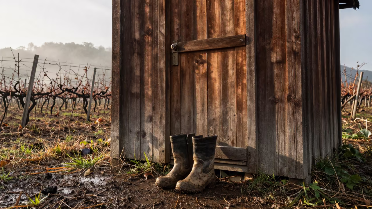 Muddy Boots Outside Dalmatian Vineyard Hut in beside a tractor track through dark soil in Dalmatia