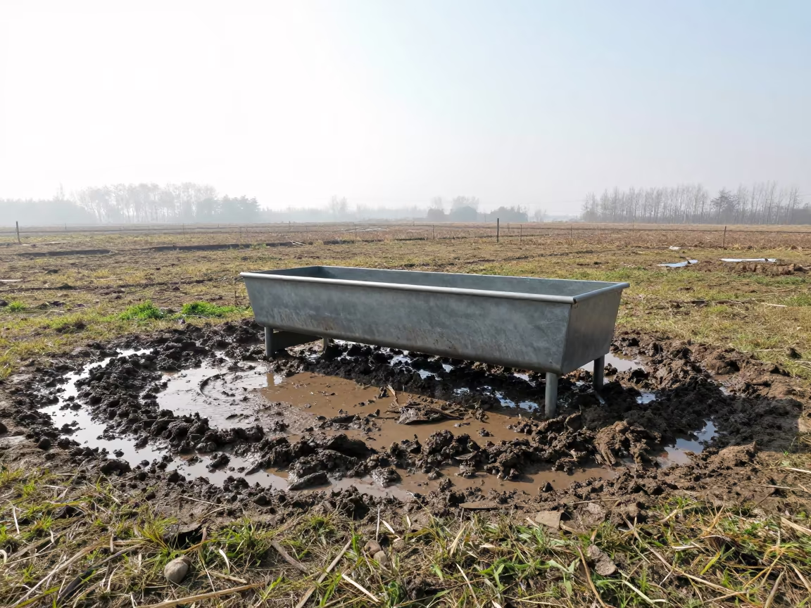Muddy Cattle Trough After Storm in Jiangsu Paddock in along a muddy paddock fence in Jiangsu