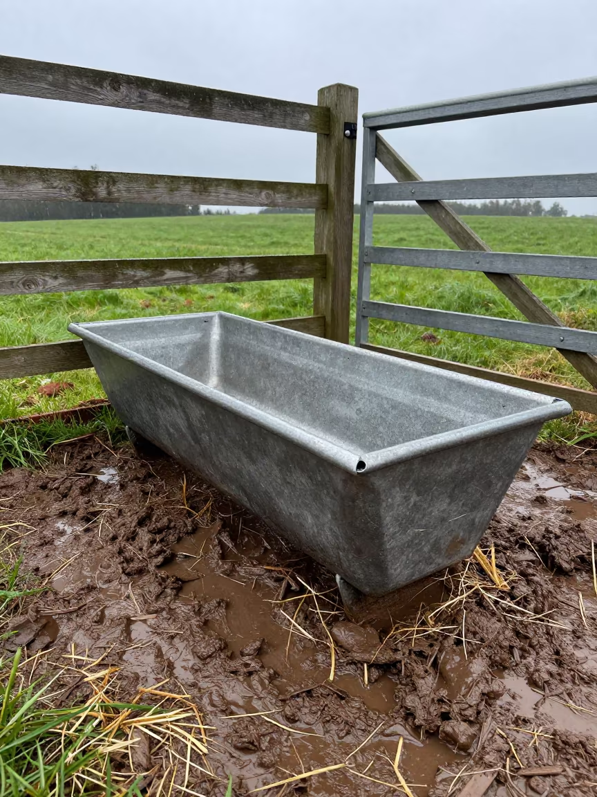 Muddy Cattle Trough After Storm in PEI in beside a pasture gate in Prince Edward Island