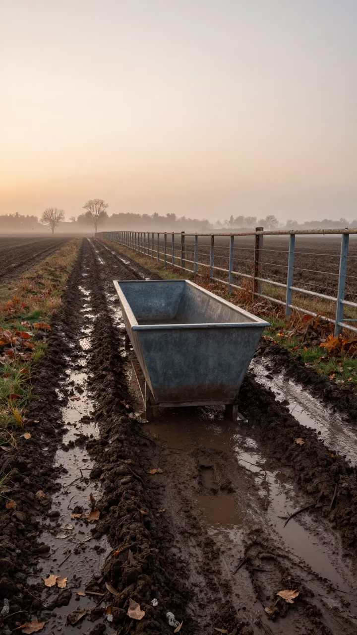 Muddy Cattle Trough in Ohio Feedlot Evening in along a feedlot lane in Ohio