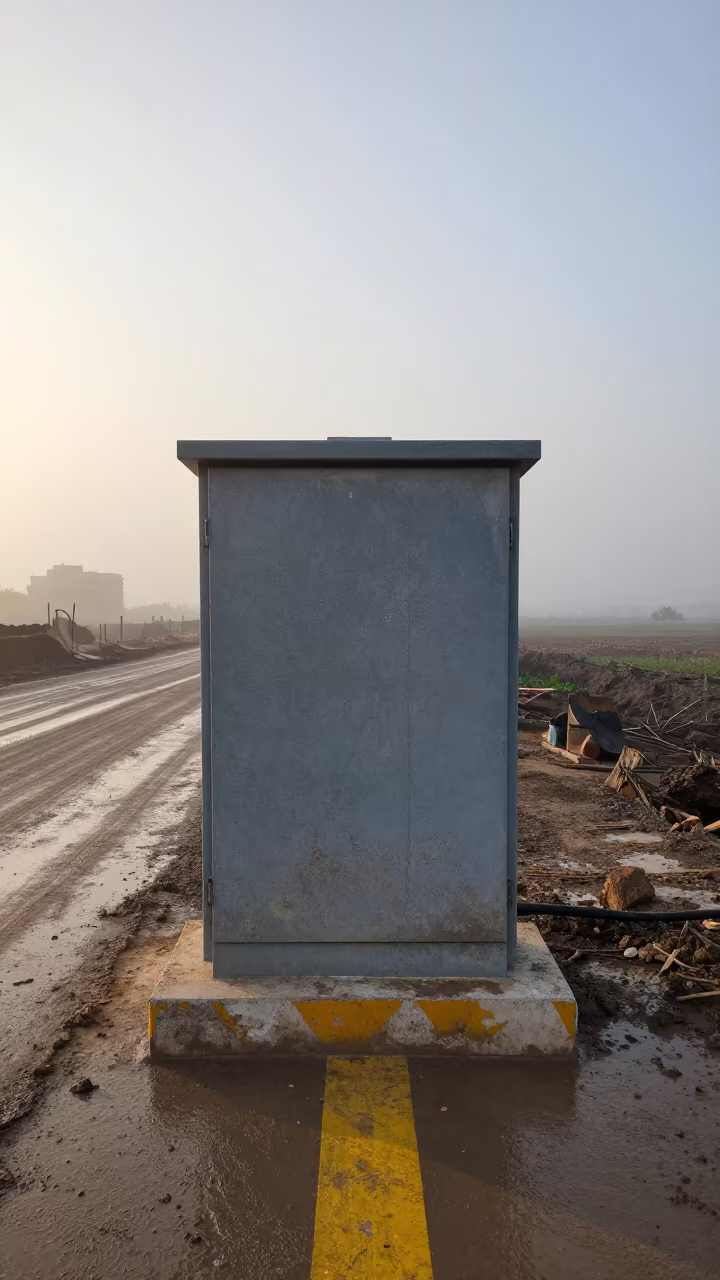 Muddy Construction Box at Dawn in Bari in at a muddy site access road in Bari