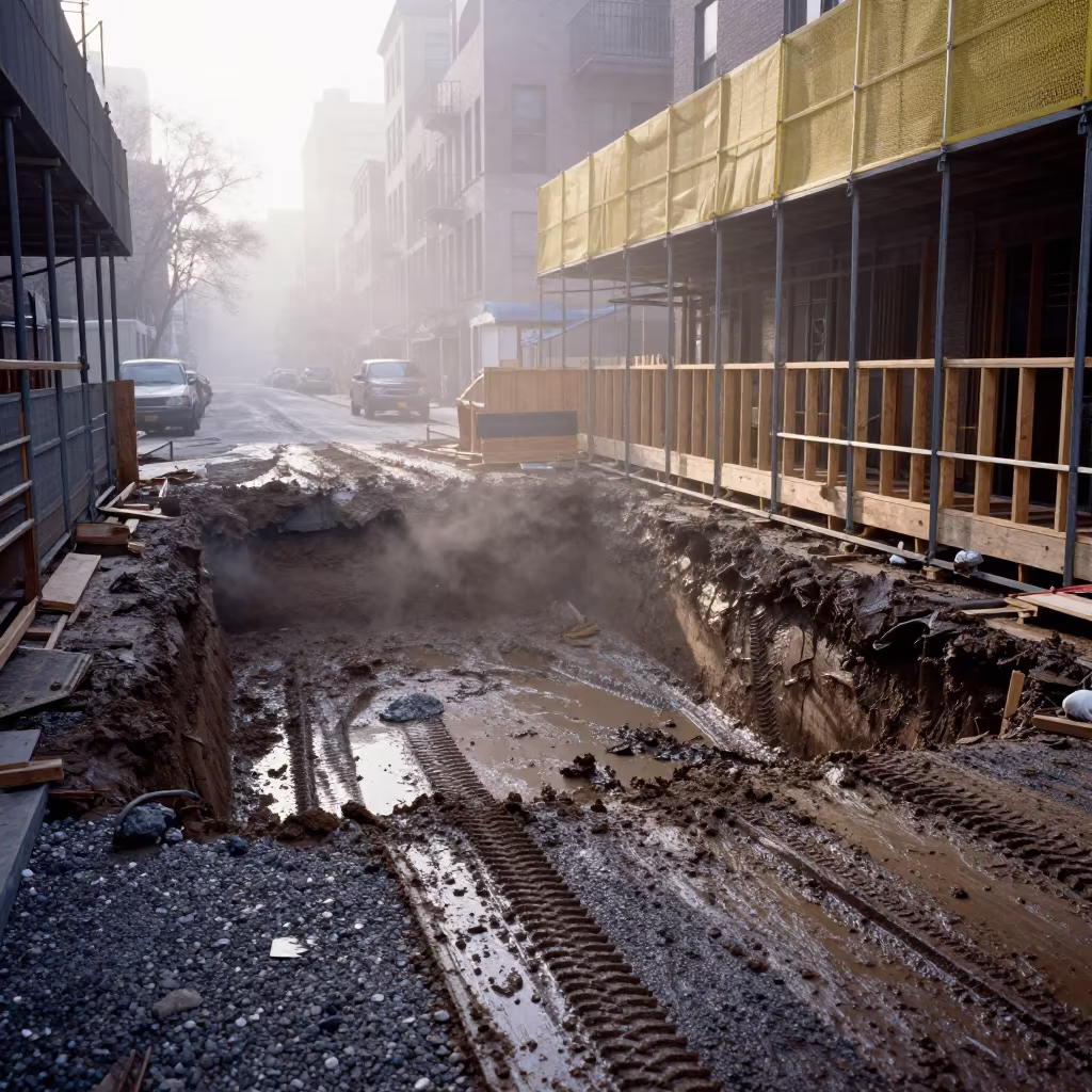 Muddy Construction Pit Morning Light Mist in at a muddy site access road near East Village, New York