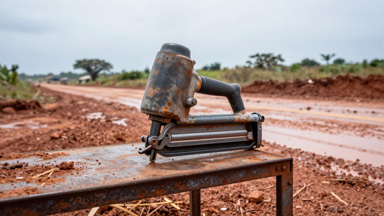 Muddy Construction Shelf Nailer Monsoon in at a muddy site access road in Santa Cruz de la Sierra