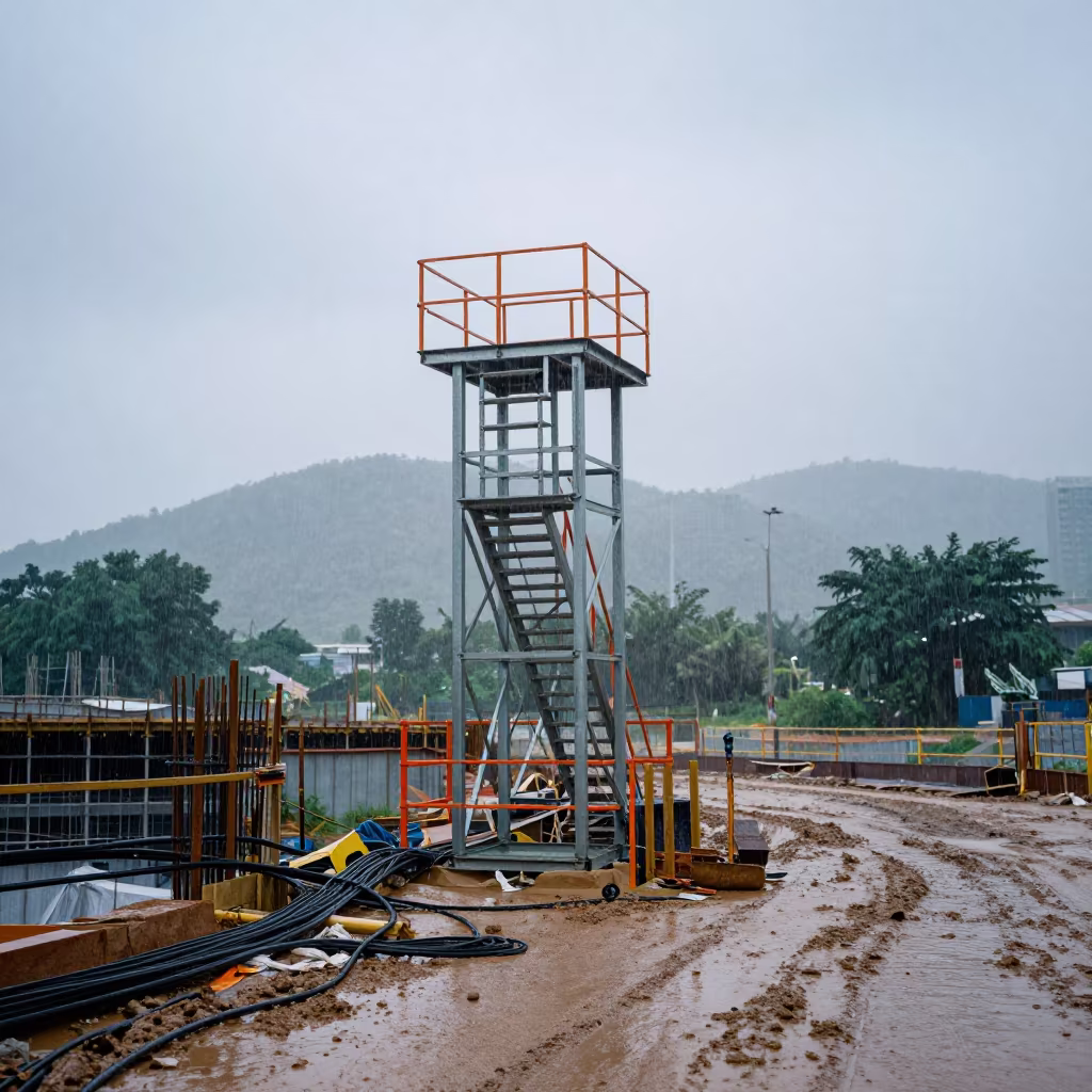 Muddy Construction Stair Tower Thu Thiem Rain in at a muddy site access road in Thu Thiem, Ho Chi Minh City