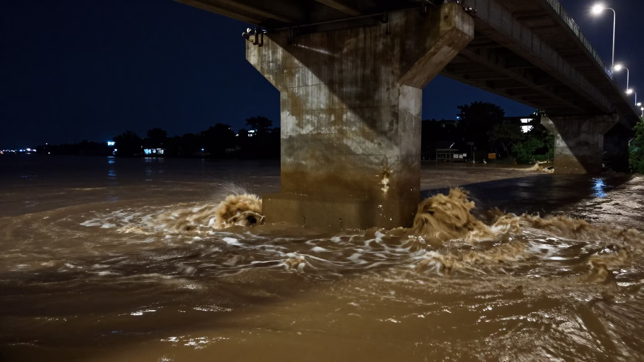 Muddy floodwater swirling around bridge pier base at night in Phnom Penh Cambodia in in Phnom Penh, Cambodia