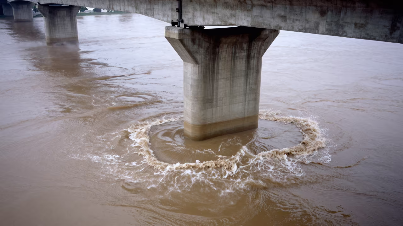 Muddy Floodwater Swirling Beneath Lome Bridge Pier in beneath a bridge span near Lome