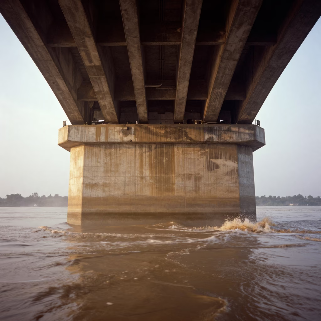 Muddy Floodwater Swirling Around Bridge Pier Base in beneath a bridge span near Quezon City