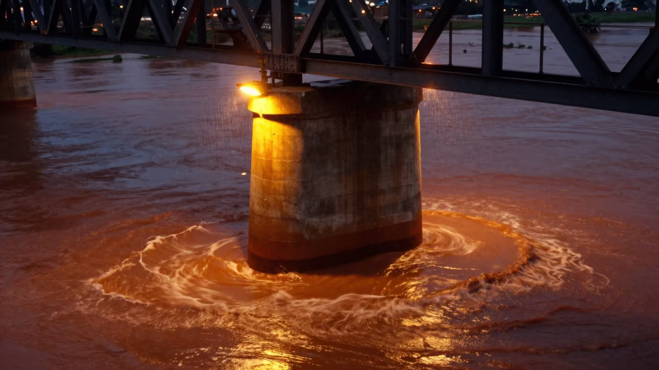Muddy Floodwater Swirls Bridge Pier Base Night in beside a bridge pier above moving water in Tanzania