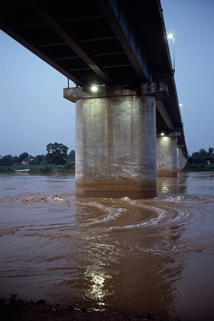 Muddy Floodwater Swirls Around Bridge Pier Base in under a viaduct of steel and concrete in Burundi