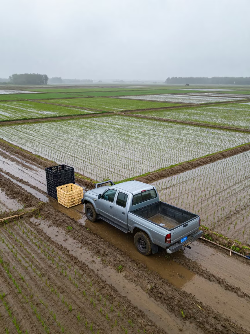Muddy Harvest Crates and Pickup in Rain in among terraced rice paddies in Manitoba