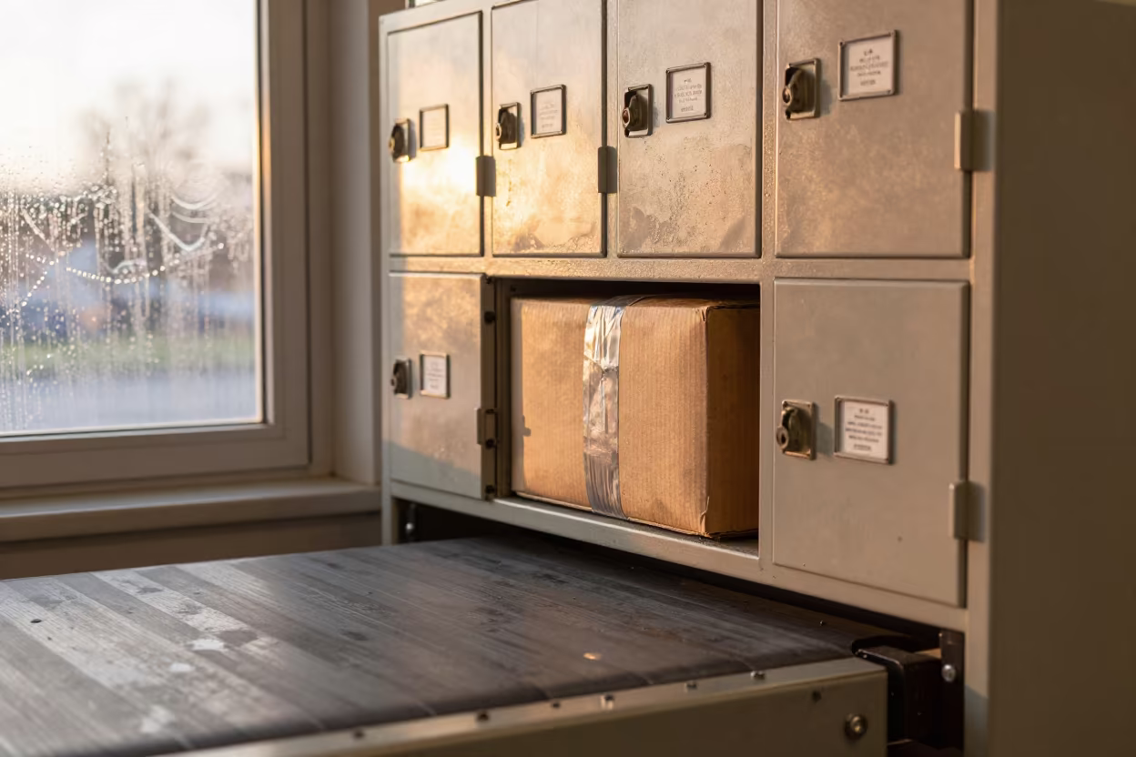 Muddy Locker on Sorting Belt in Ulm in at a parcel sorting belt in Ulm