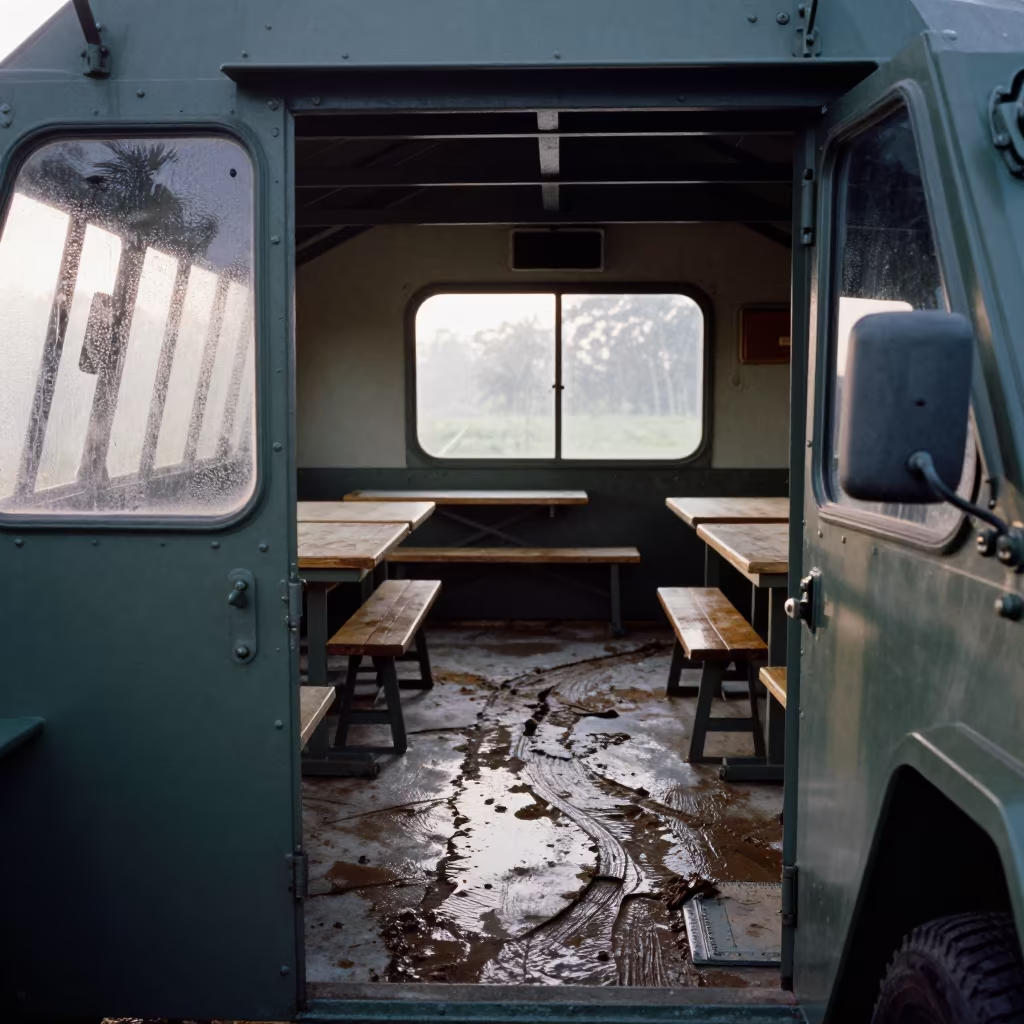 Muddy Mess Hall in Indonesian Armored Bay Morning in in an armored vehicle bay in Indonesia