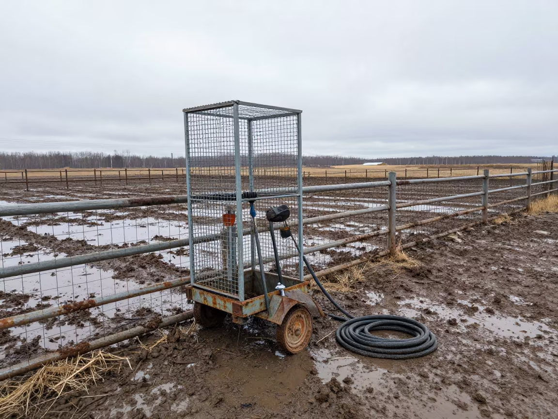Muddy Nest Box Cart in Russian Paddock in along a muddy paddock fence in Russia