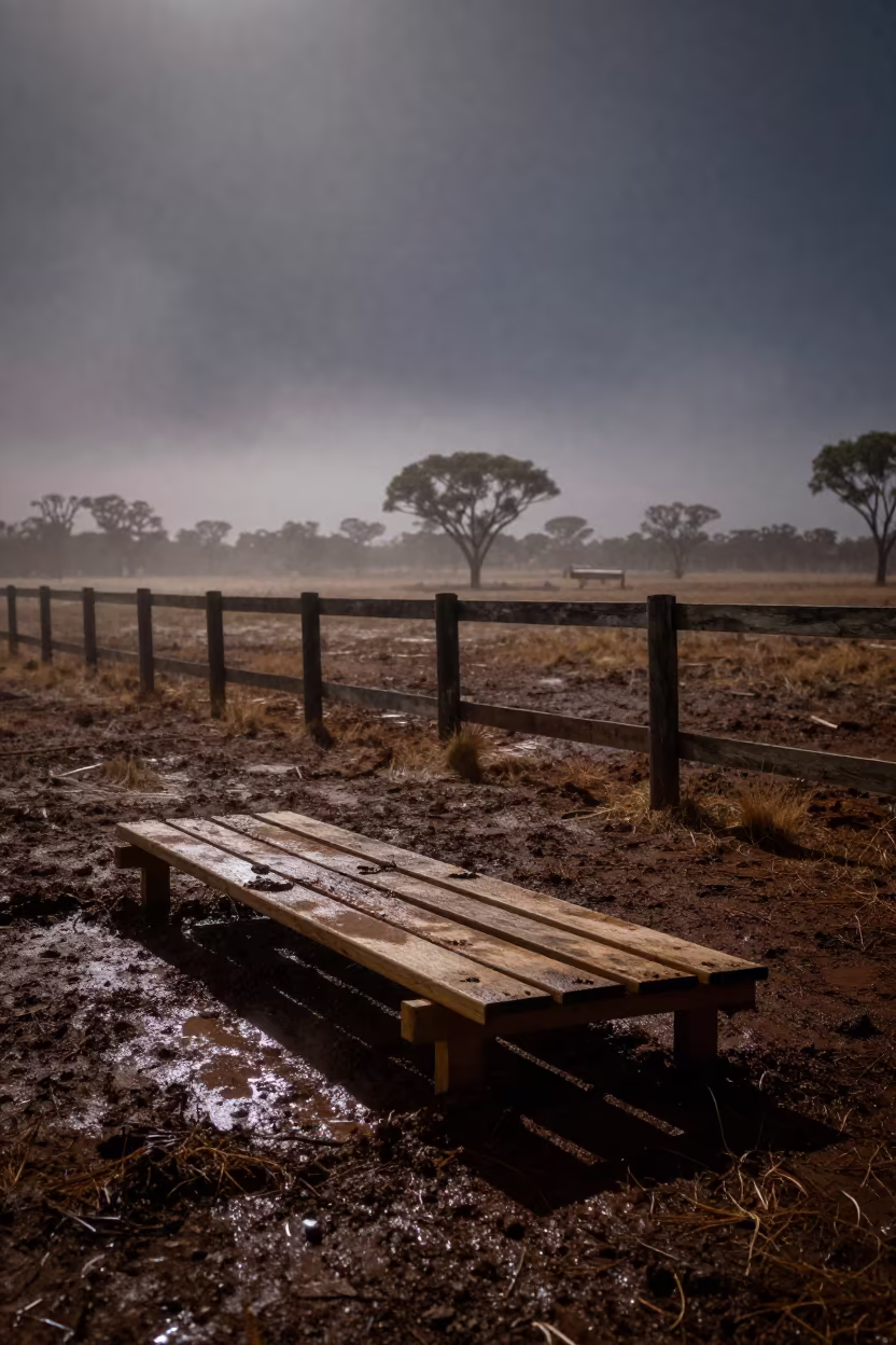 Muddy Paddock Salt Lick Under Monsoon Mist in along a muddy paddock fence in Northern Territory