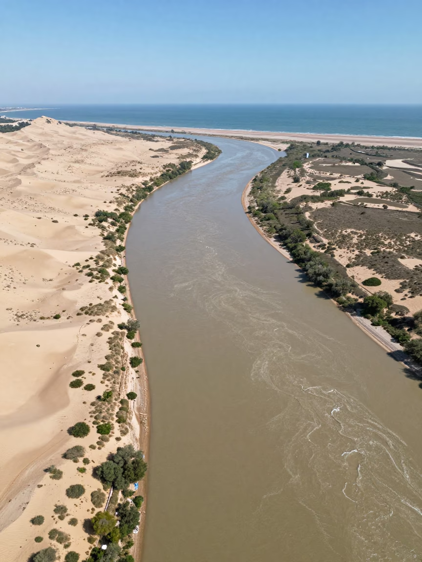 Muddy River Swirls Meet Ocean Near Marseille in above dune fields and dry wadis near Marseille