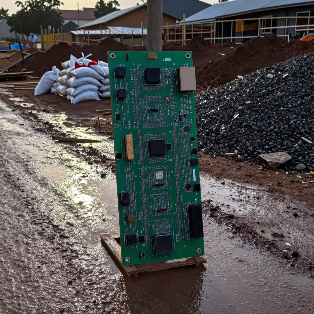 Muddy Road Construction Board Inspection in at a muddy site access road near Yaounde