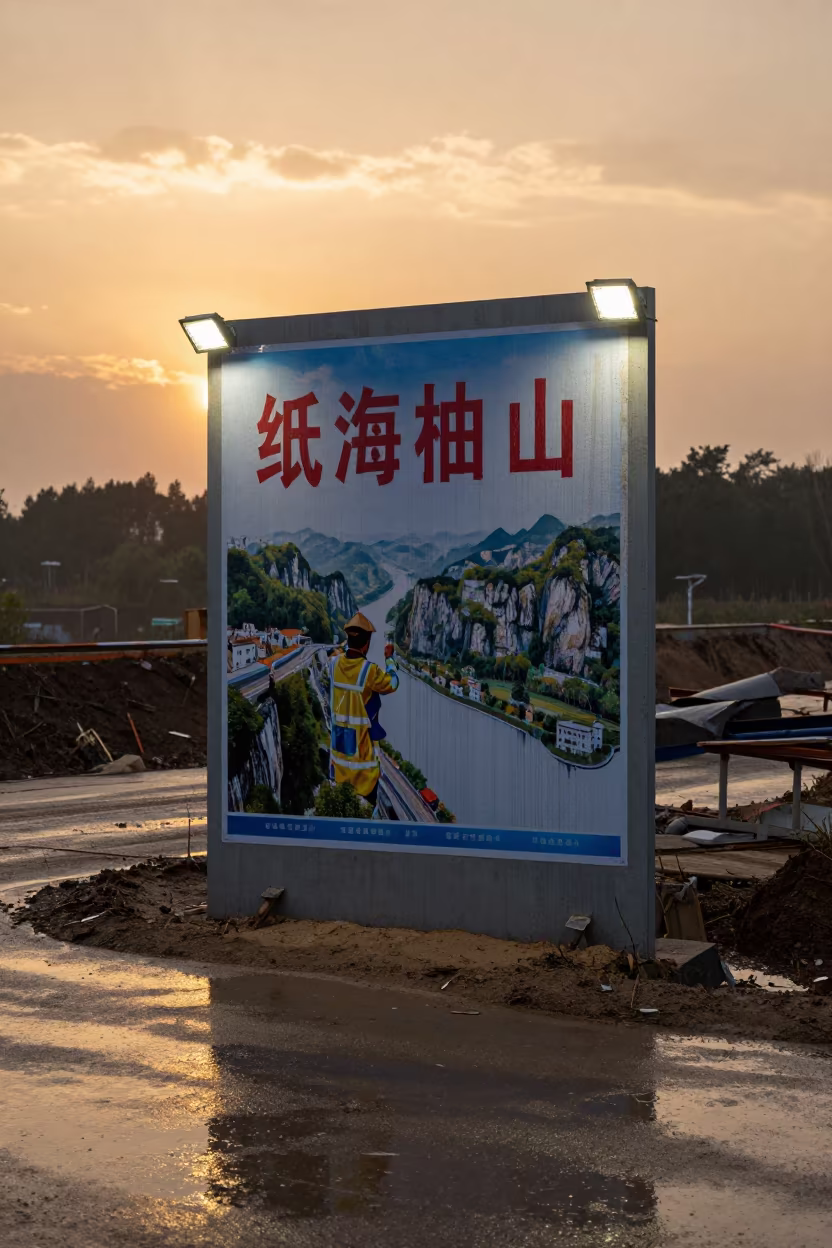 Muddy Road Poster Under Golden Sunset Rain in at a muddy site access road in Guizhou