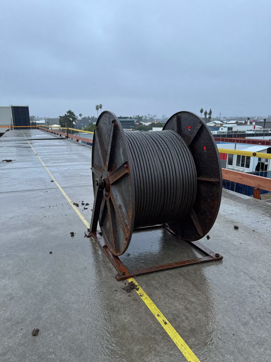 Muddy Roof Safety Reel Dawn Construction Site in at a muddy site access road near Los Angeles