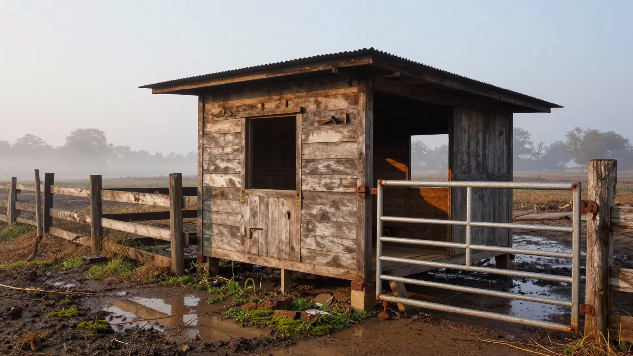 Muddy Saddle Room Dawn Mist Nagaland in along a muddy paddock fence in Nagaland