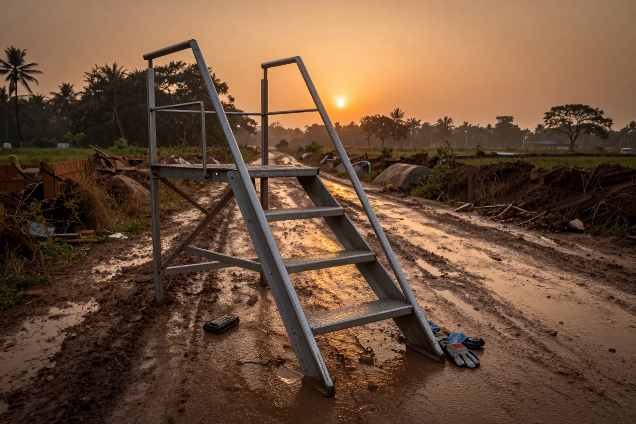 Muddy Staircase with Gloves at Sunset in at a muddy site access road in Godavarikhani