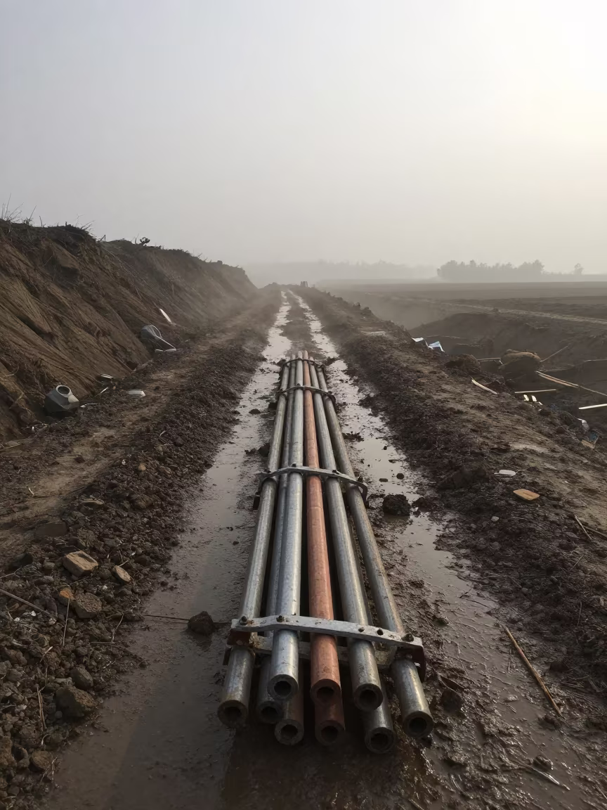 Muddy Survey Stake Bundle Morning Haze in at a muddy site access road in Kanto