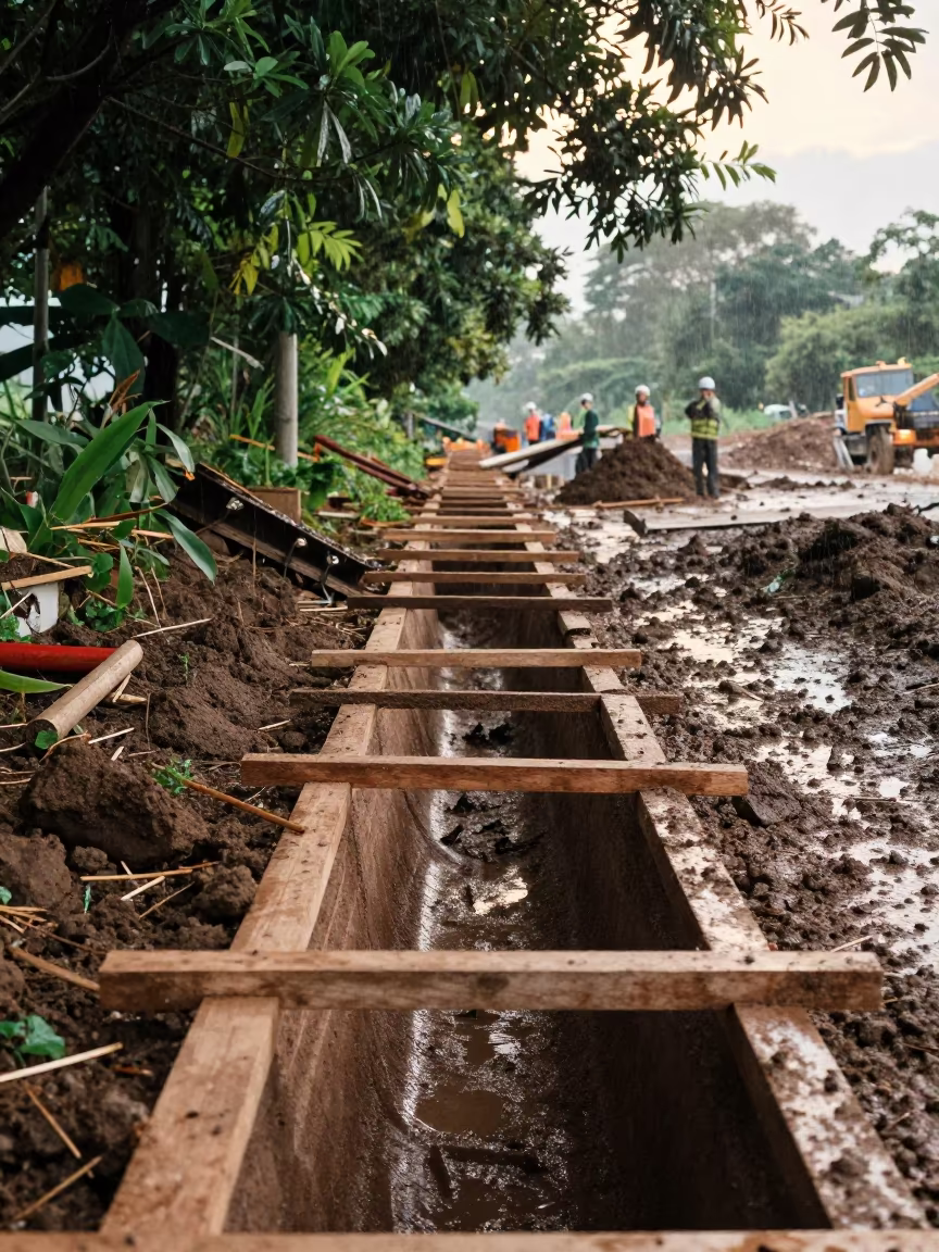 Muddy Trench Shoring Under Dappled Summer Rain in at a muddy site access road in Ipoh