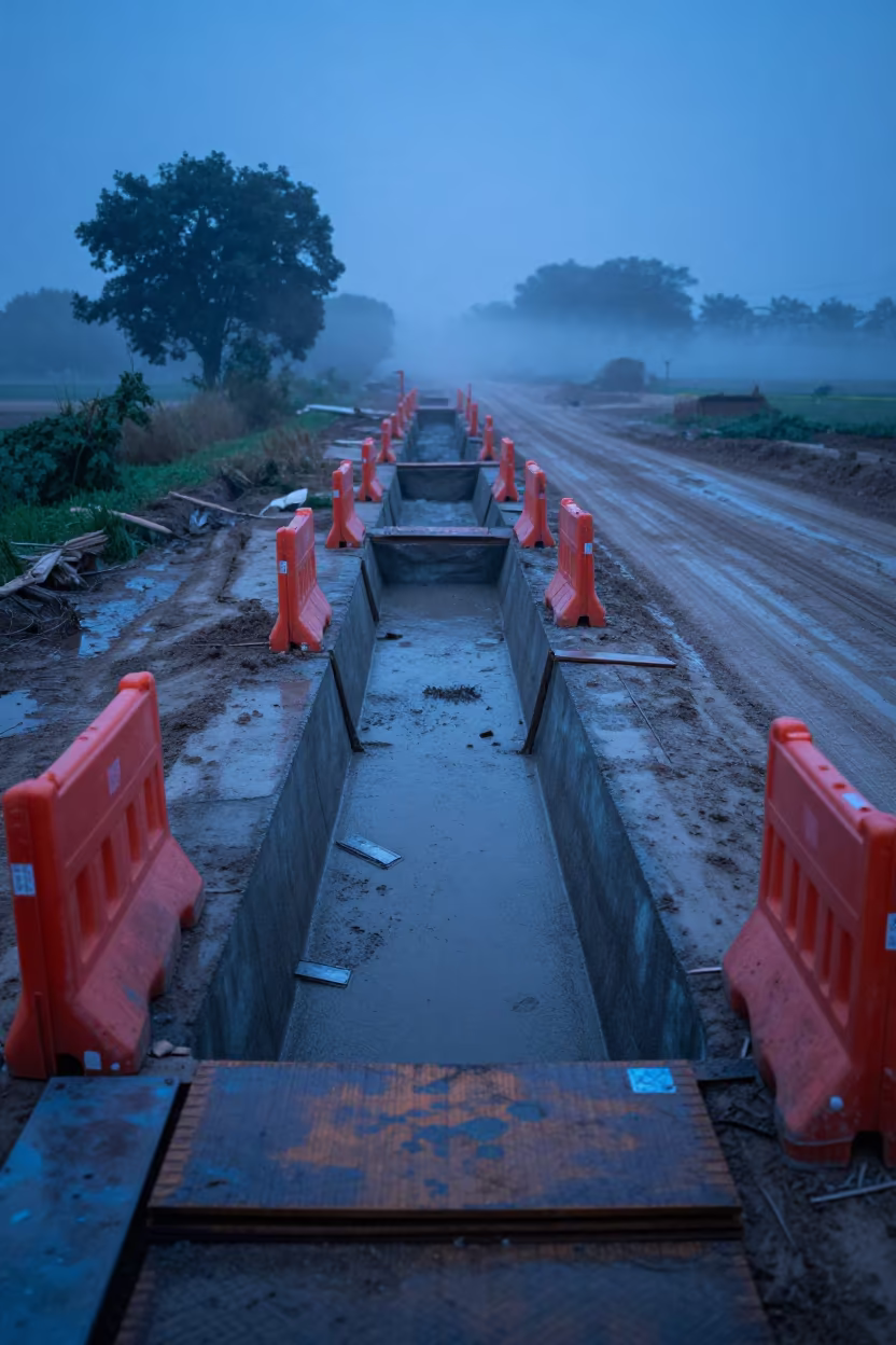 Muddy Trench Shoring at Lahore Blue Hour in at a muddy site access road near Lahore